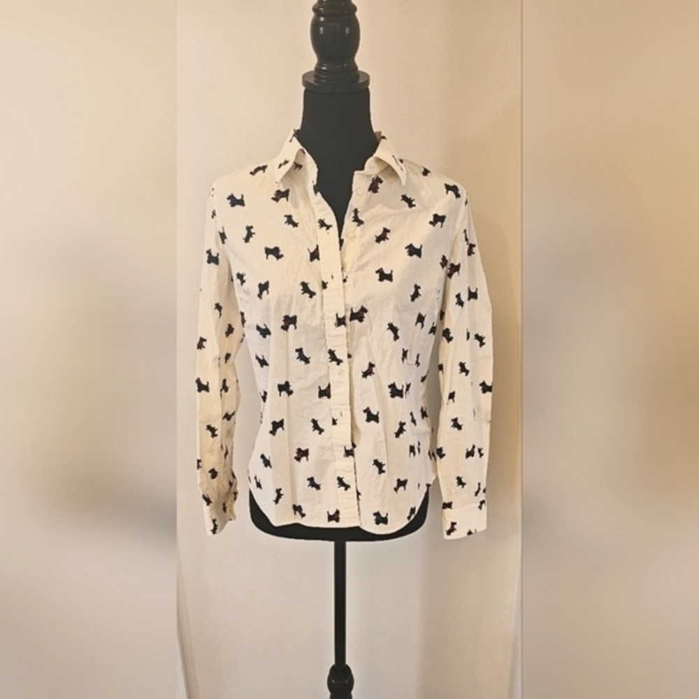 Talbots Scottie Dog Print Button Down Shirt Size Small Ivory Red Bow